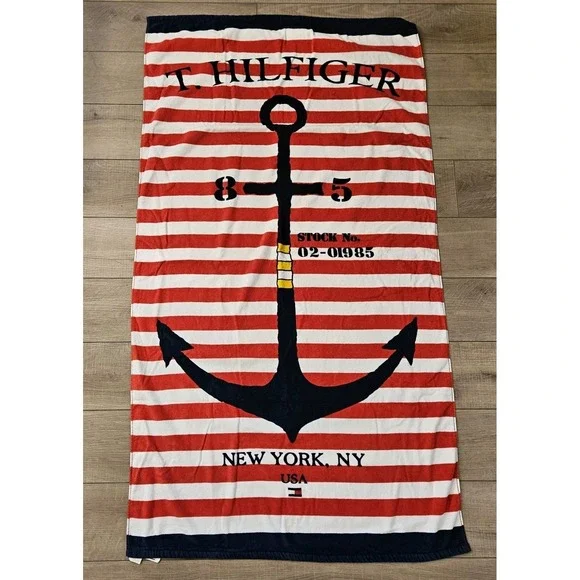 Tommy Hilfiger Large Anchor Beach Towel 35x66 Nautical Red White Blue Patriotic - Picture 2 of 5